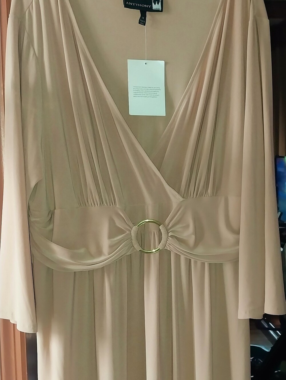 Antthony Cream-Beige Ring Waist V-Neck Maxi Dress